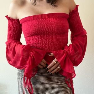 Love + Harmony Adorable Red Tube Top with Mesh Bell Sleeves #babydoll #90s #red